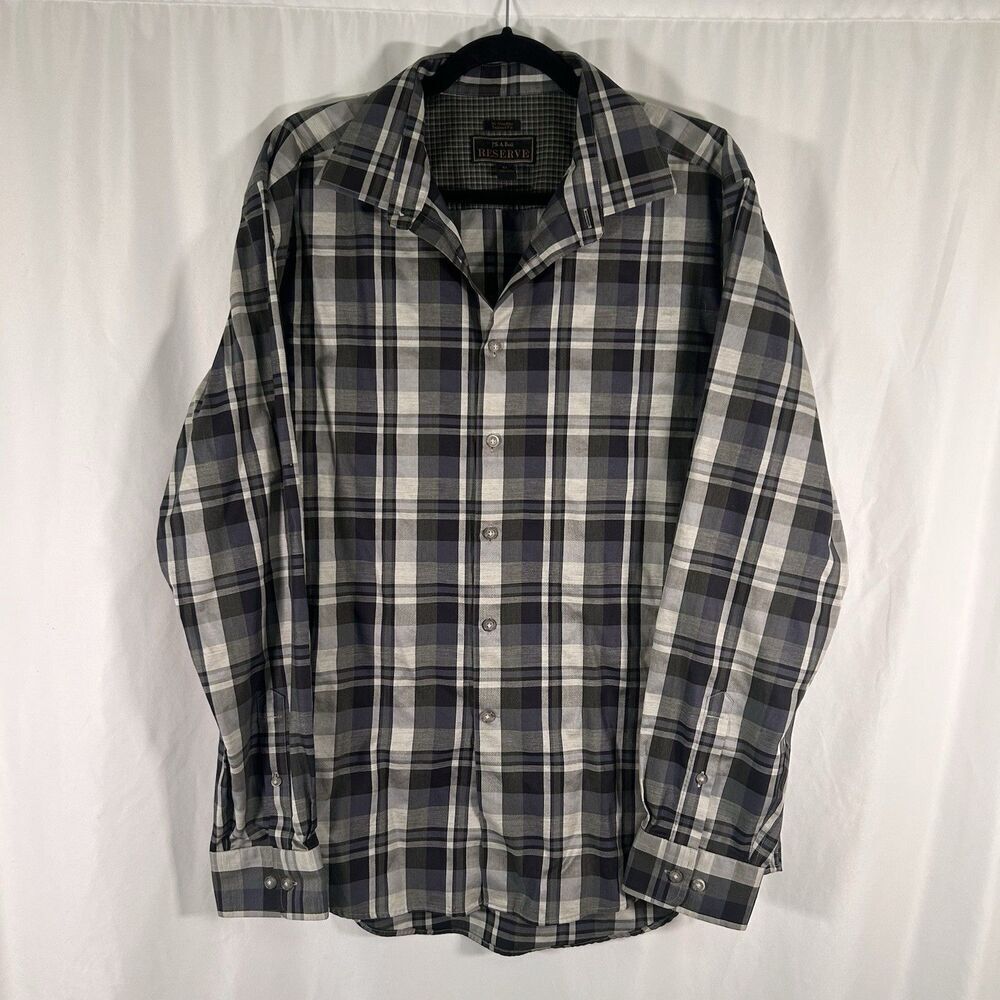 Jos A Bank Reserve Shirt Men XL Blue Grey Plaid Button Up Long Sleeve No Wrinkle